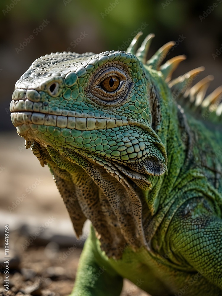 Close-up of a vibrant green iguana outdoors. Close-up of a vibrant green iguana outdoors.