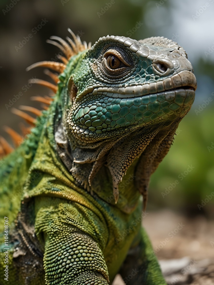 Fototapeta premium Close-up of a vibrant green iguana outdoors.