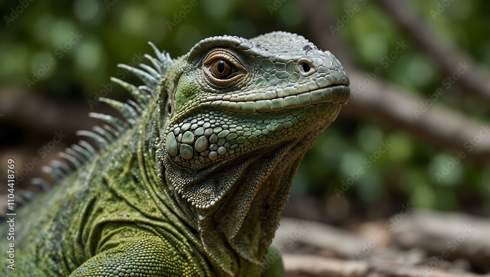 Close-up of a vibrant green iguana outdoors. Close-up of a vibrant green iguana outdoors.