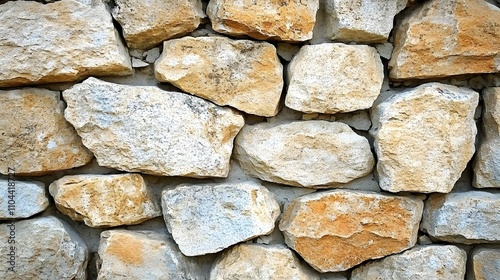 Close-up view of a stone wall, featuring irregular, light beige and tan colored rocks, creating a textured surface.. photo