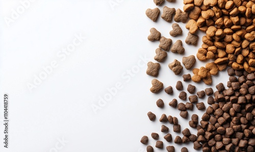 Pet food kibble assortment, heart-shaped, brown and gray colors, arranged on white background photo