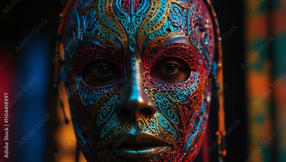 Close-up of a vibrant, neon mask with intricate patterns.