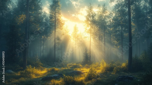 Sunbeams illuminate a misty pine forest at sunrise.