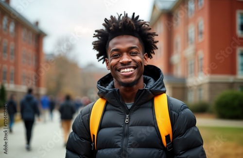 Happy young black college student stands on campus in fall. Ready for new school year. Smiling, looking directly at camera. Wears black jacket with bright yellow backpack. Students walk in background. photo