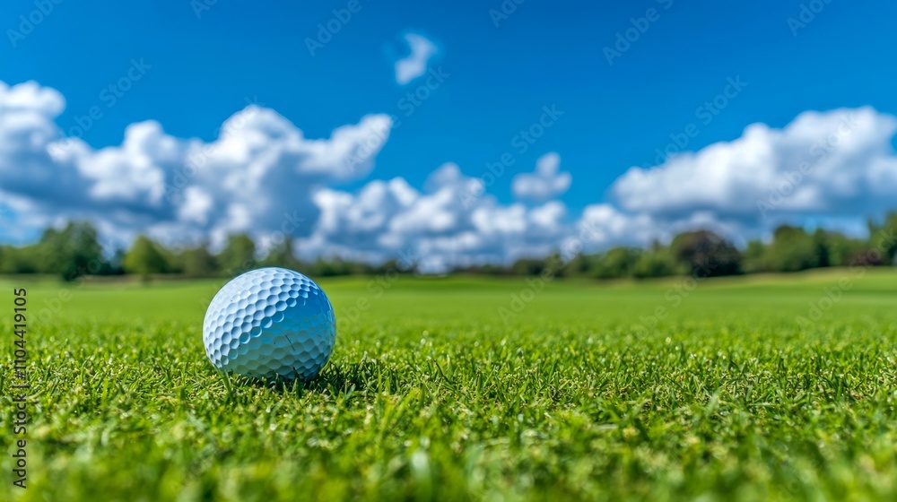 Golf ball lying on a lush golf course with sky and clouds. Golf ball lying on a lush golf course with sky and clouds.