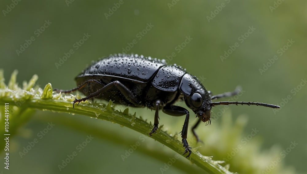 Close-up of a water scavenger beetle on grass.