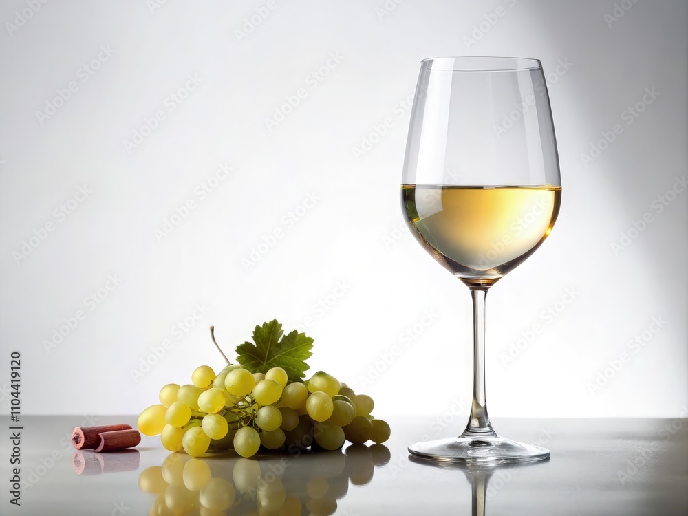 Elegant Glass of Dry White Wine Alongside Fresh Grapes on a Clean Background. Generative AI Elegant Glass of Dry White Wine Alongside Fresh Grapes on a Clean Background. Generative AI