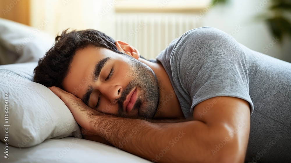 European man peacefully sleeps in comfortable home bed. Closeup view shows man resting. Man relaxing at home. Bedroom setting. Good rest. Relaxed man. Man sleeping comfortably. European man peacefully sleeps in comfortable home bed. Closeup view shows man resting. Man relaxing at home. Bedroom setting. Good rest. Relaxed man. Man sleeping comfortably.