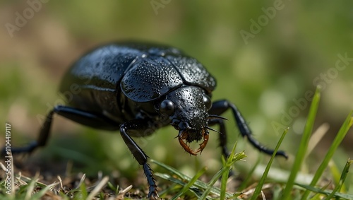 Close-up of a water scavenger beetle on grass. photo