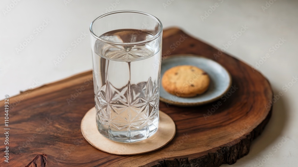 A tall glass with a clear liquid. The glass is placed on a wooden board. A tall glass with a clear liquid. The glass is placed on a wooden board.