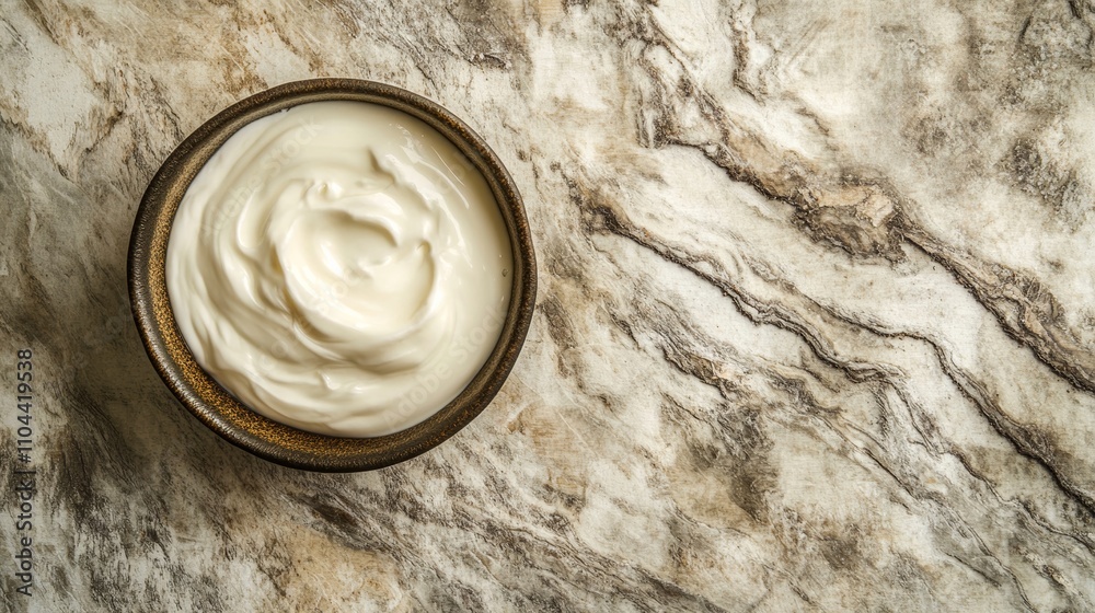 Bowl of yogurt rests on marbled surface showcasing creamy texture. Bowl of yogurt rests on marbled surface showcasing creamy texture.