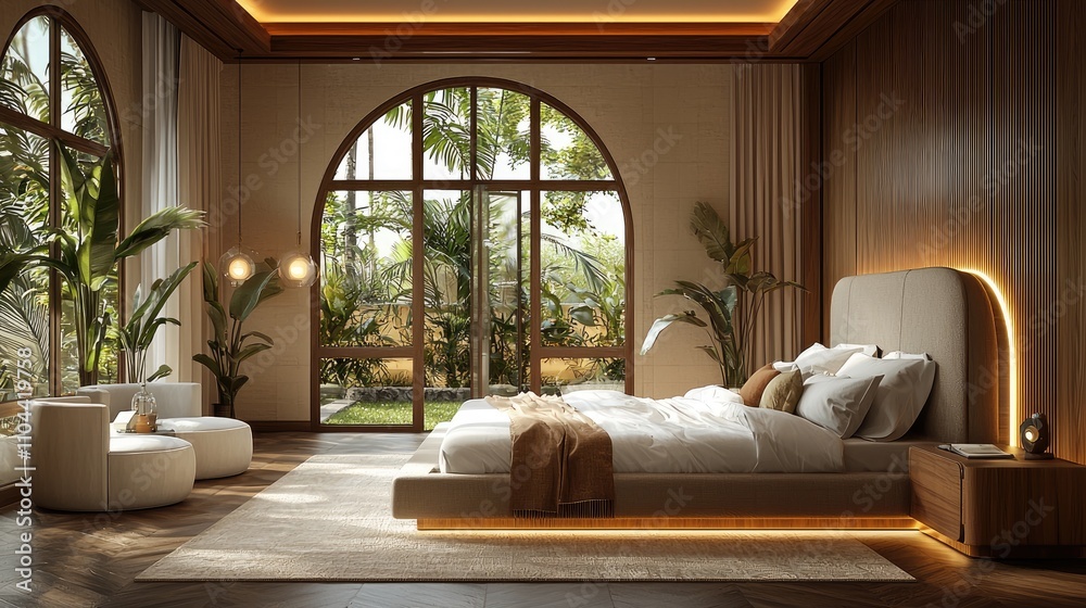Obraz premium Contemporary dark wooden bedroom with parquet and arched windows. Double bed, carpets and armchairs in white and beige tones. Japandi interior design, 3d illustration