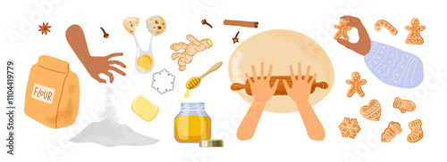 Cooking homemade traditional gingerbread cookies. Human hands cooking food, ingredients, gingerbread. Vector illustration isolated on white background. Bakery process Kitchenware, cooking utensil
