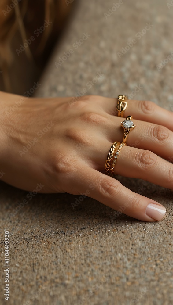 Obraz premium Close-up of a woman's hand with gold jewelry.