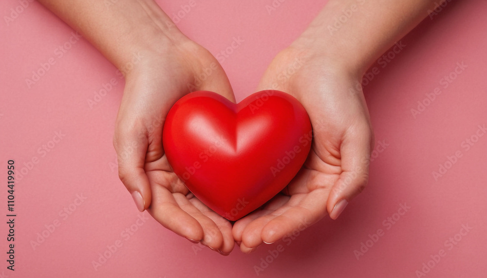 Obraz premium Hands Holding a Red Heart Shape Against a Pink Background Symbolizing Love