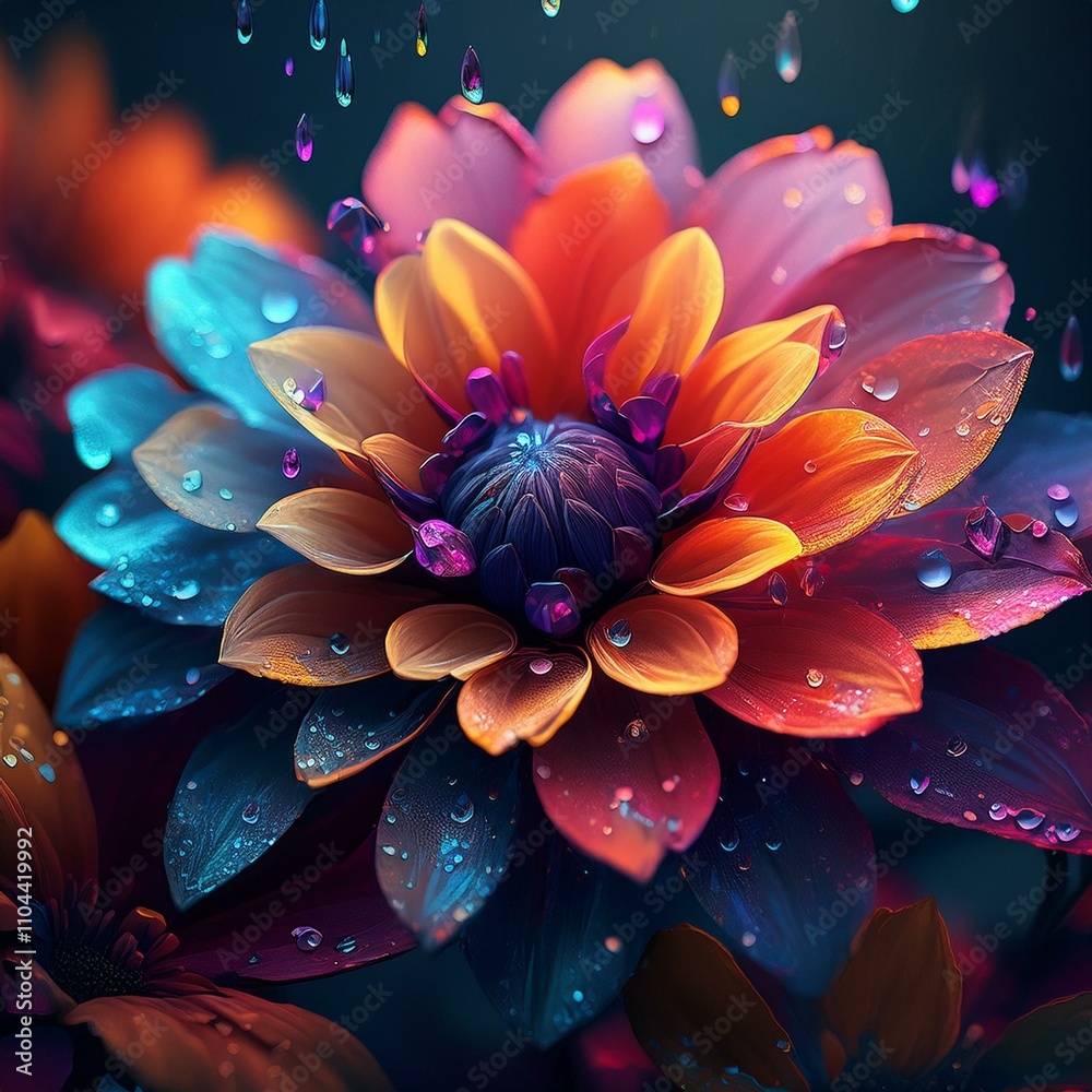 Fototapeta premium concept of a beautiful colorful flowers with petals and rain drops