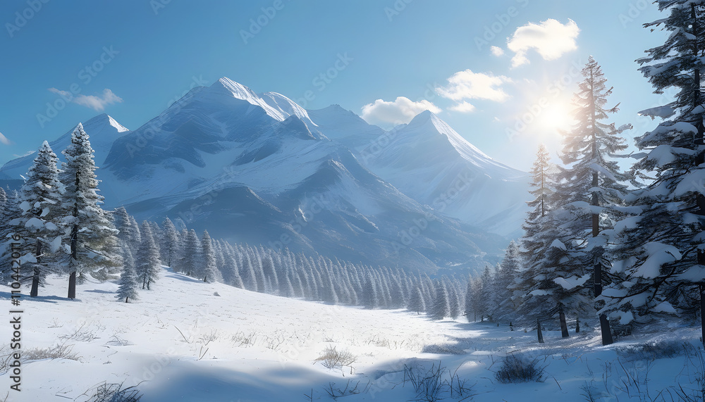 Snowy Mountain Landscape with Pine Trees Snowy Mountain Landscape with Pine Trees