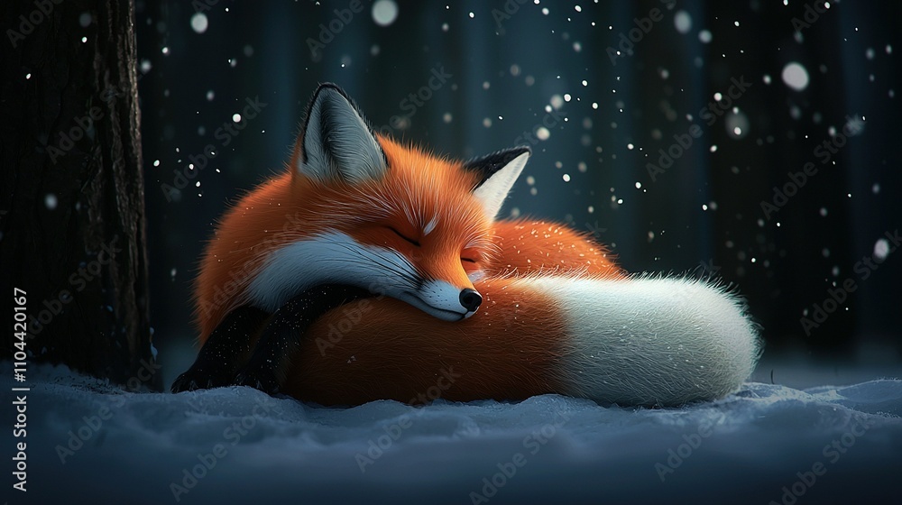 Fototapeta premium A red fox rests atop another fox in the snow, with its head resting on the other's back
