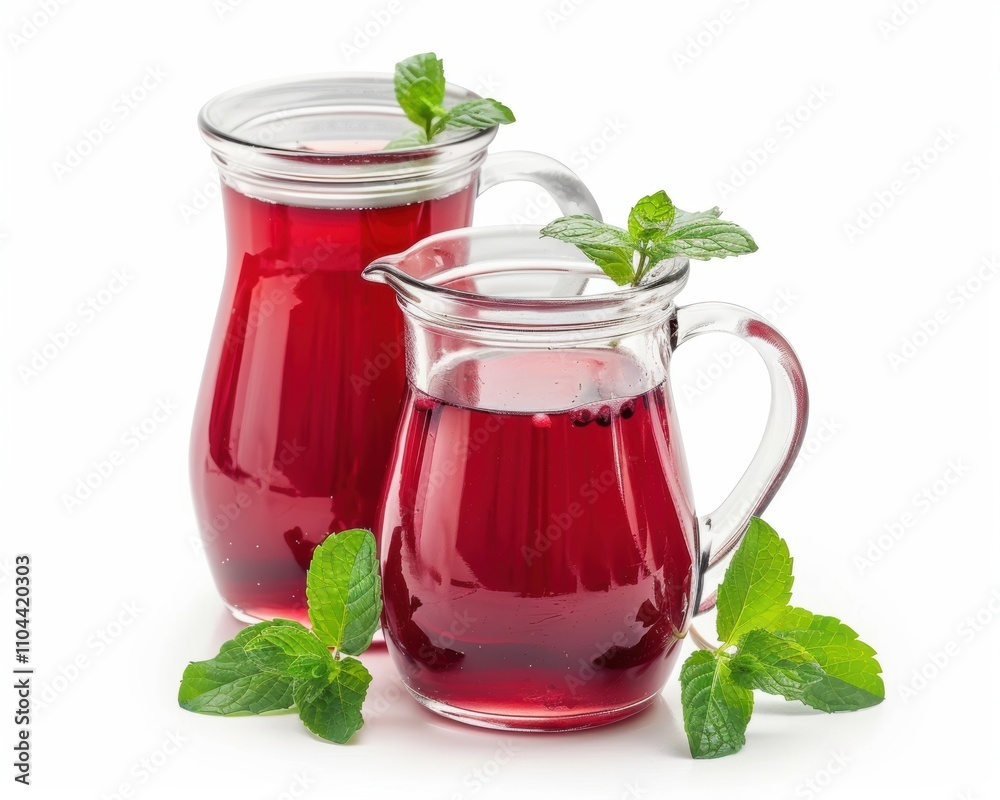 Two glass pitchers filled with vibrant red beverage, garnished with fresh mint leaves. Two glass pitchers filled with vibrant red beverage, garnished with fresh mint leaves.