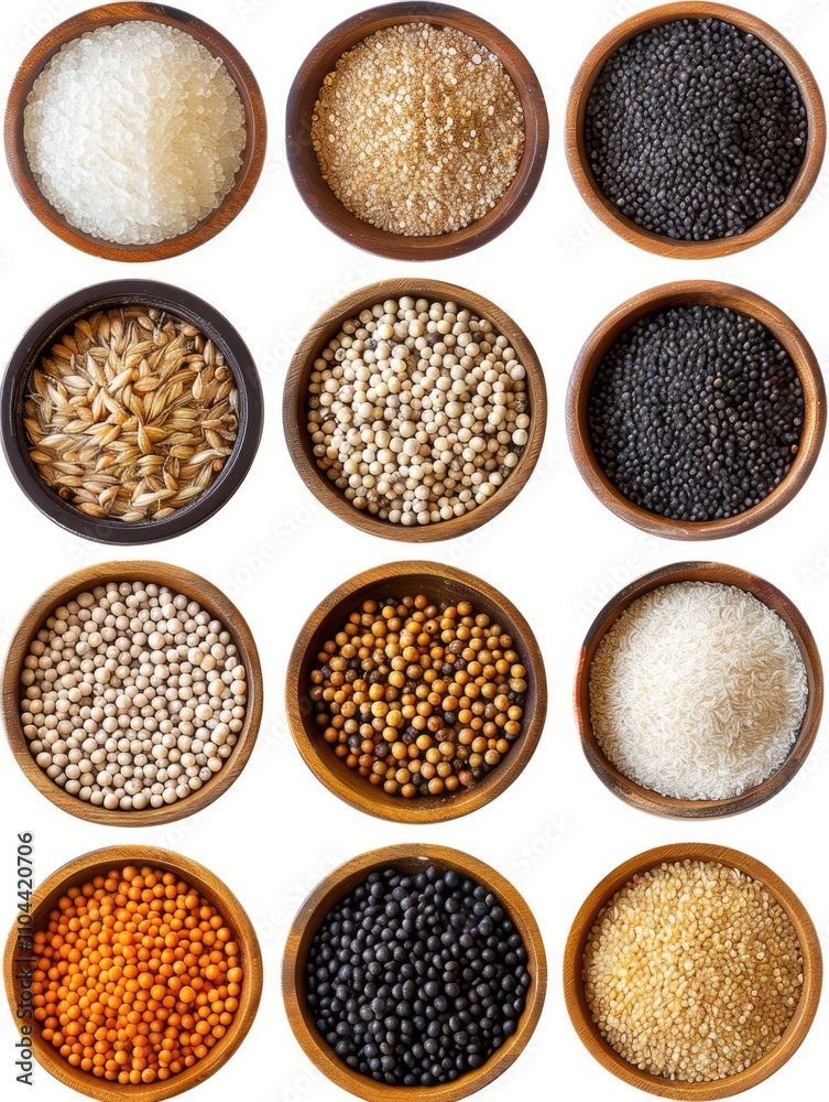 Multiple small wooden bowls containing a variety of whole spices. Each bowl is filled with different types of grains, offering a wide selection of cooking ingredients. Multiple small wooden bowls containing a variety of whole spices. Each bowl is filled with different types of grains, offering a wide selection of cooking ingredients.