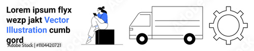 Businesswoman using tablet while sitting, delivery truck, gear icon. Ideal for logistics, technology, business strategy, process optimization, delivery services, digital marketing and remote work