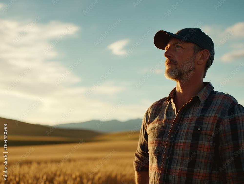 A farmer stands in a golden field of wheat at sunset, wearing a plaid shirt and cap. He looks thoughtfully towards the distant rolling hills, bathed in warm sunlight A farmer stands in a golden field of wheat at sunset, wearing a plaid shirt and cap. He looks thoughtfully towards the distant rolling hills, bathed in warm sunlight