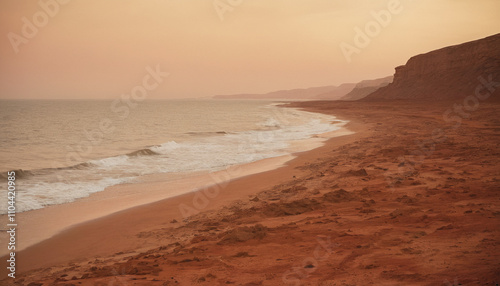 Martian Beach with Gentle Waves and Red Sands