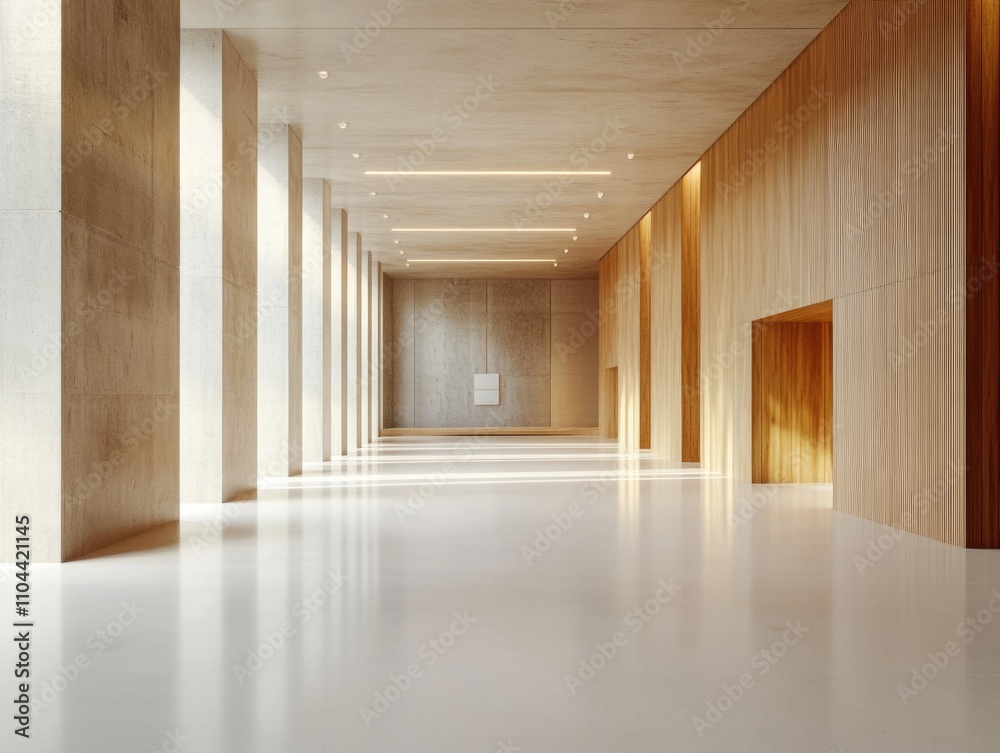 Obraz premium A modern, minimalist interior corridor featuring concrete floors and wooden wall panels, with a large open space for industrial style.