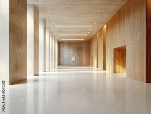 A modern  minimalist interior corridor featuring concrete floors and wooden wall panels  with a large open space for industrial style.
