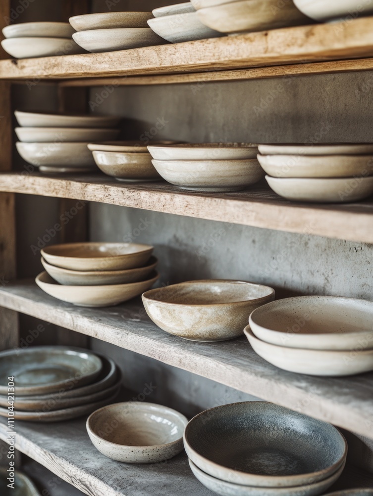 Vibrant handcrafted pottery in a ceramics workshop. Shelves display an array of bowls for sale or decorative purposes. Vibrant handcrafted pottery in a ceramics workshop. Shelves display an array of bowls for sale or decorative purposes.