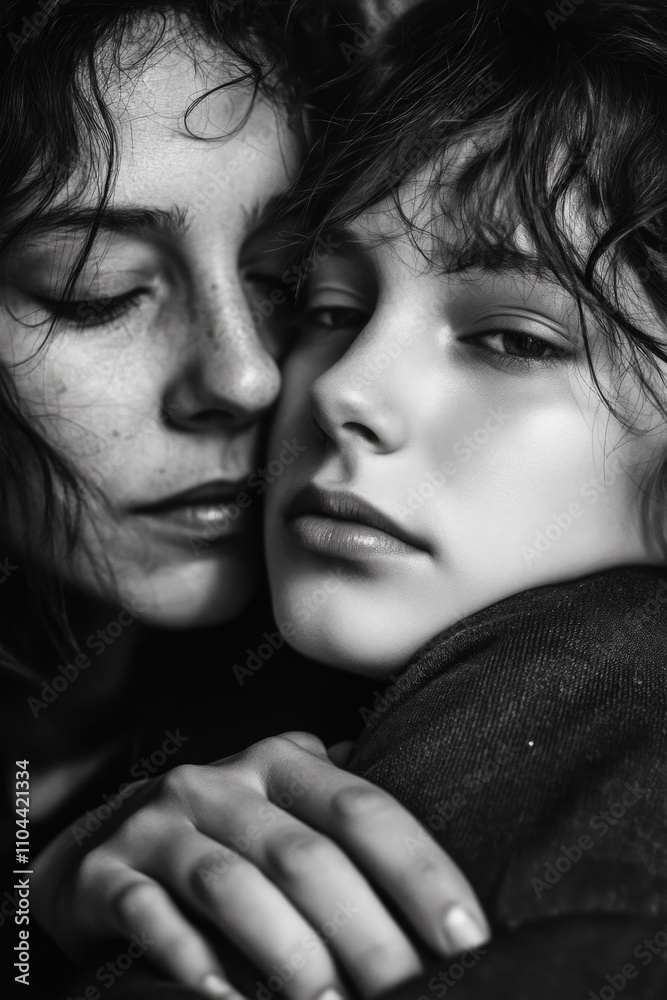 Mother and daughter hugging in the rain, showcasing an intimate and heartfelt moment between them. Mother and daughter hugging in the rain, showcasing an intimate and heartfelt moment between them.