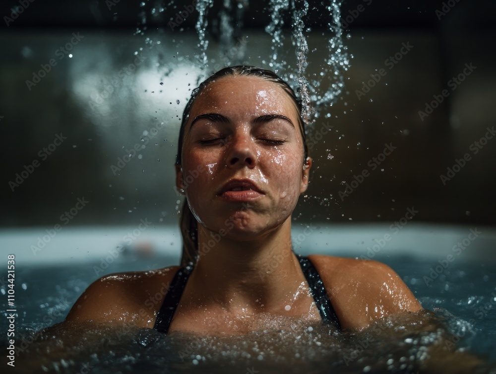 Obraz premium A dedicated female athlete experiences cold water therapy inside a state-of-the-art cryotherapy tank, visibly bracing for the chilling sensation as water splashes around her