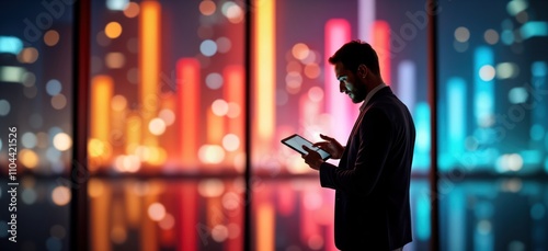 Fototapeta Naklejka Na Ścianę i Meble -  Businessman uses tablet in city. Night scene. Modern tech executive works. Concentrated on device. Colorful city lights reflect in window. Busy professional. Night work. Corporate lifestyle.