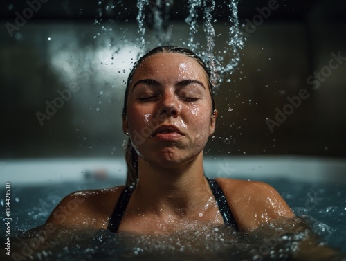 A dedicated female athlete experiences cold water therapy inside a state-of-the-art cryotherapy tank, visibly bracing for the chilling sensation as water splashes around her photo