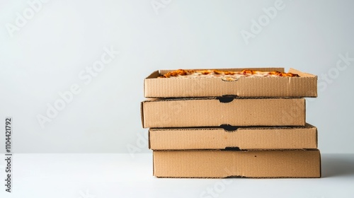 Tower of pizza boxes in a stack, their contents hidden inside.