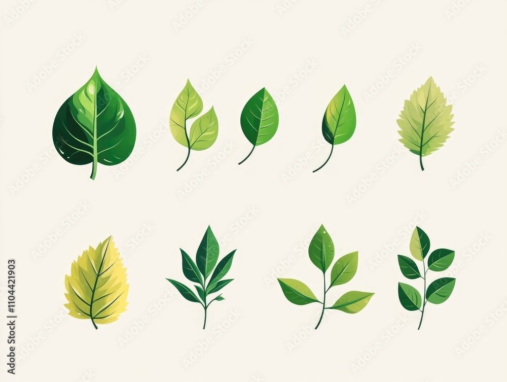 Collection of autumn leaves illustrated in a simple, monochromatic style with green and yellow hues. Collection of autumn leaves illustrated in a simple, monochromatic style with green and yellow hues.