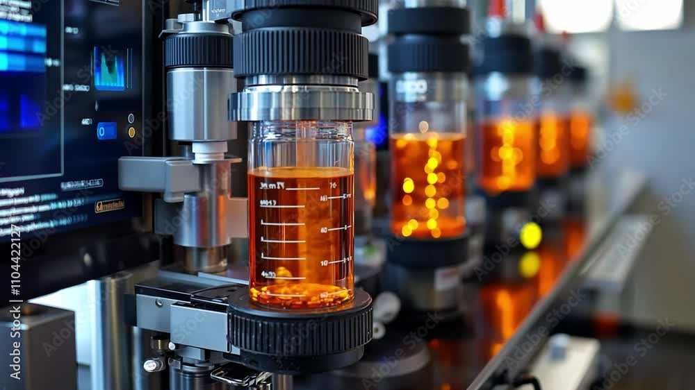 Laboratory equipment displaying orange liquid in glass containers during a scientific experiment Laboratory equipment displaying orange liquid in glass containers during a scientific experiment