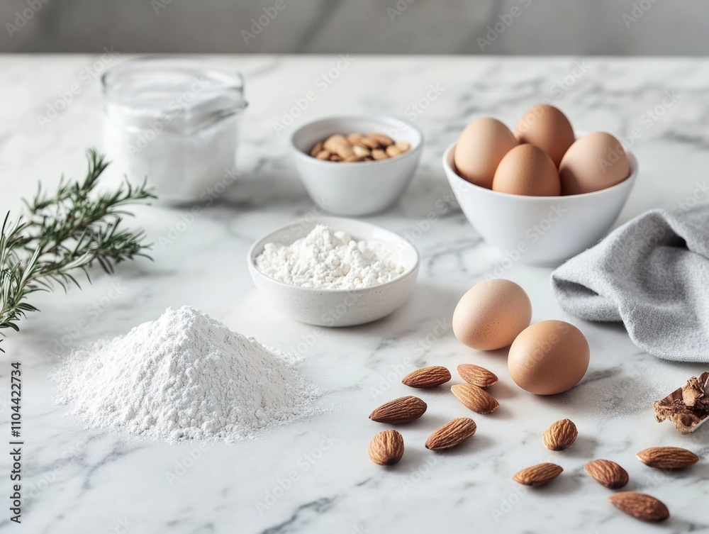 Fototapeta premium Various baking ingredients on table: sugar, flour, eggs, almonds, pine needles.