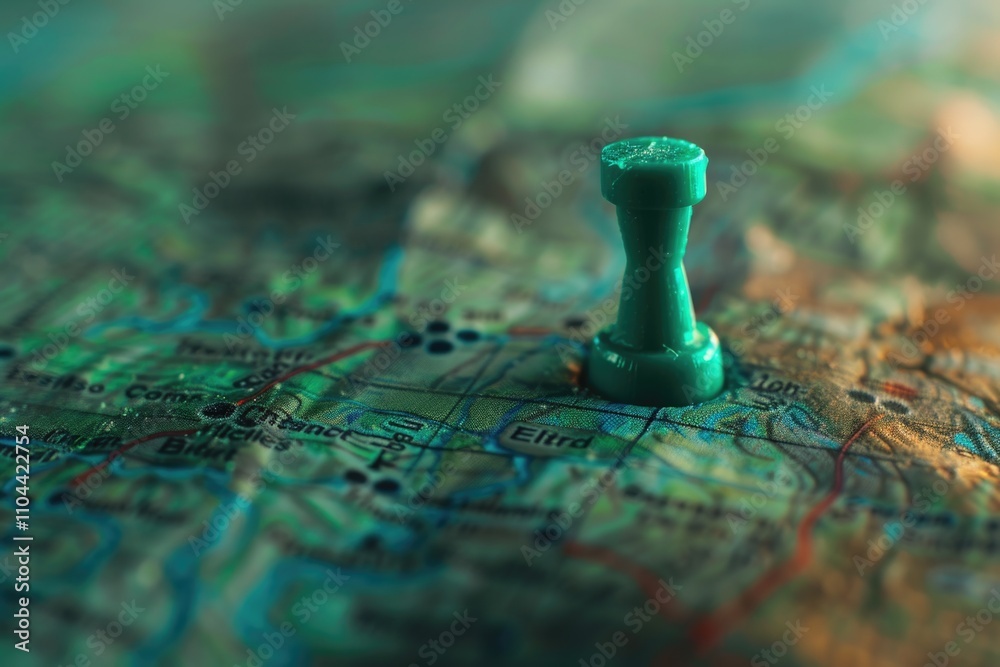 A game piece on a map indicating travel destination or strategy for board games. A game piece on a map indicating travel destination or strategy for board games.