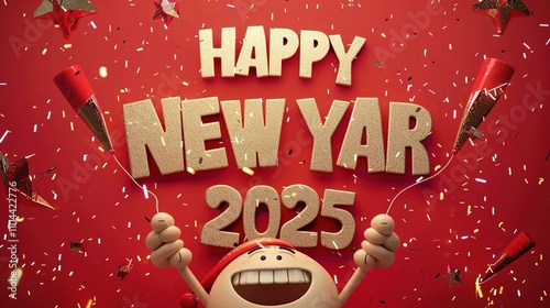 A smiling animated character popping a party cracker, surrounded by HAPPY NEW YEAR 2025 text in golden sparkle style on a solid red background.