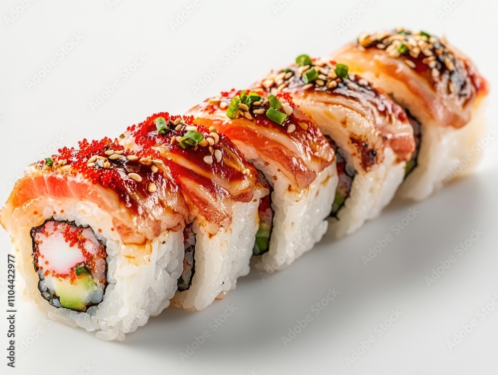 A selection of sushi rolls with wasabi and soy sauce. This image showcases a traditional Japanese meal, featuring raw fish on top of rice with seaweed wrapping. A selection of sushi rolls with wasabi and soy sauce. This image showcases a traditional Japanese meal, featuring raw fish on top of rice with seaweed wrapping.