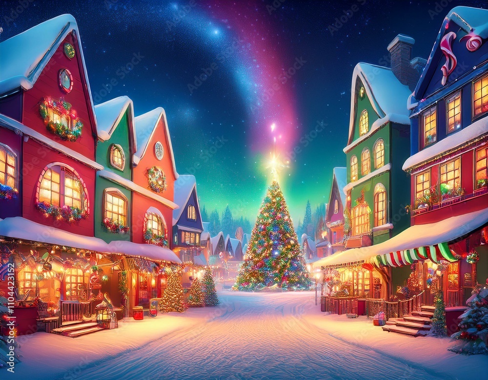 A fantasy-like Christmas town with colorful buildings. A fantasy-like Christmas town with colorful buildings.