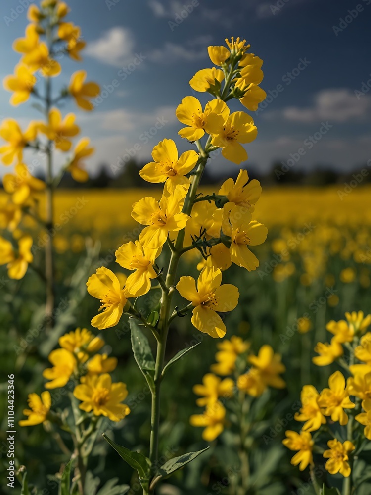 Fototapeta premium Close-up of blooming rapeseed flowers in a field.