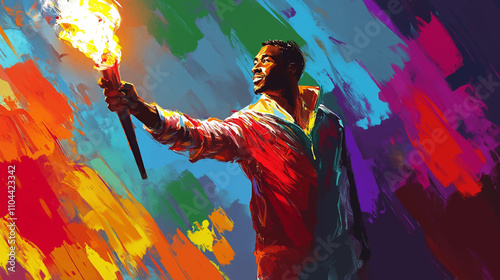 Triumphant olympic champion holding glowing torch vibrant digital painting. Watercolor art design vector illustration.