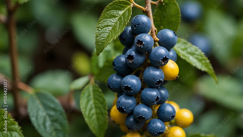 Close-up of blue and yellow berries on a green bush. Close-up of blue and yellow berries on a green bush.