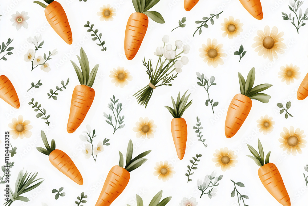 A pattern of carrots and flowers is displayed on a white background A pattern of carrots and flowers is displayed on a white background