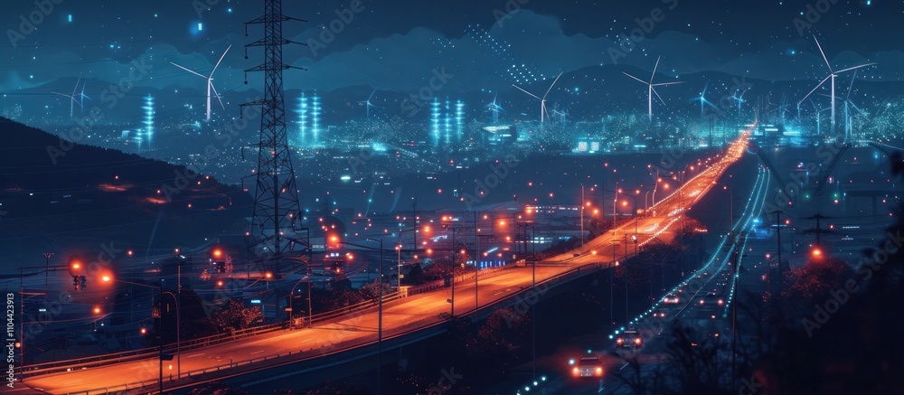 Breathtaking night view of a vast sprawling futuristic megacity skyline filled with illuminated high rise skyscrapers glowing highways and renewable wind turbines creating a striking