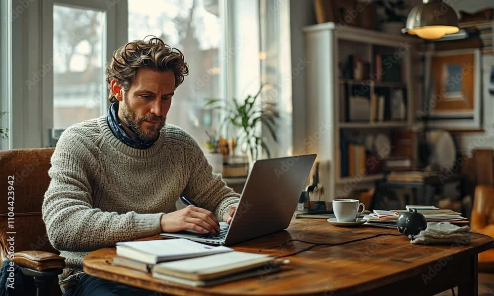 Man Working on Laptop in Cozy Home Office. Man Working on Laptop in Cozy Home Office.