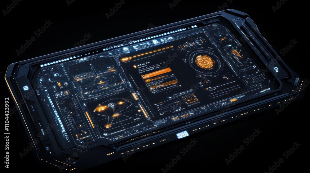 A futuristic holographic user interface design with HUD elements.
A futuristic holographic user interface design with HUD elements.