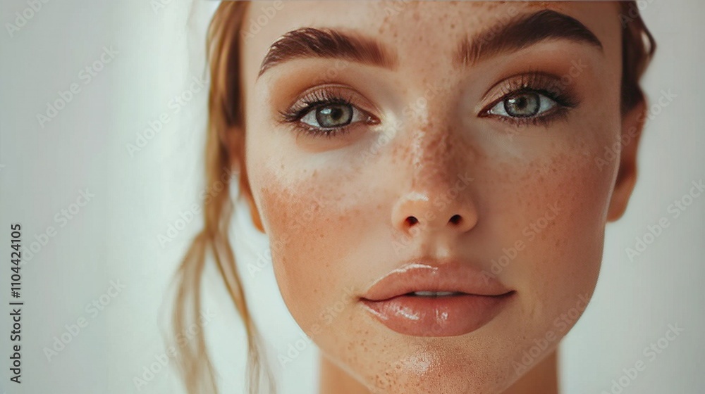 A close-up of a woman with freckled hair and matching freckles on her eyes A close-up of a woman with freckled hair and matching freckles on her eyes
